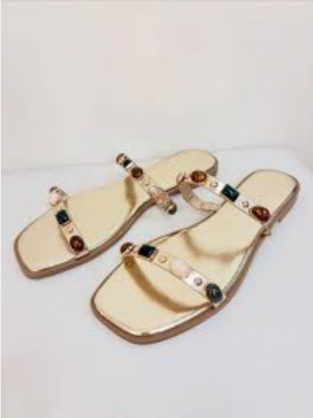 Forever 21 Tan Slide Sandals with Green & Gold Gem Accents. Exellent Condition - Picture 3 of 9